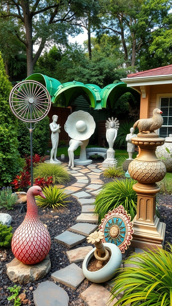 Decorative outdoor garden with various art pieces and sculptures along a stone pathway.