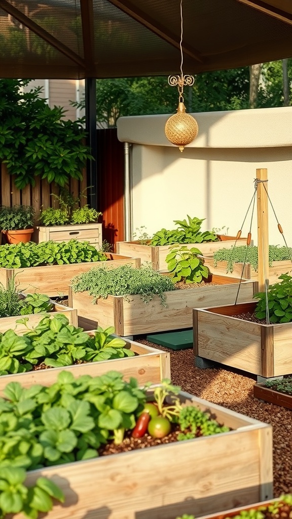 Organized raised garden beds filled with plants and herbs, under a shaded area.