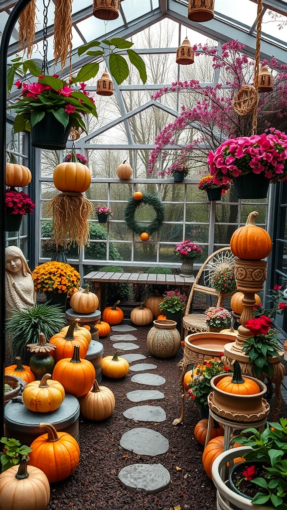 A beautifully decorated greenhouse with pumpkins, flowers, and hanging planters, perfect for autumn.