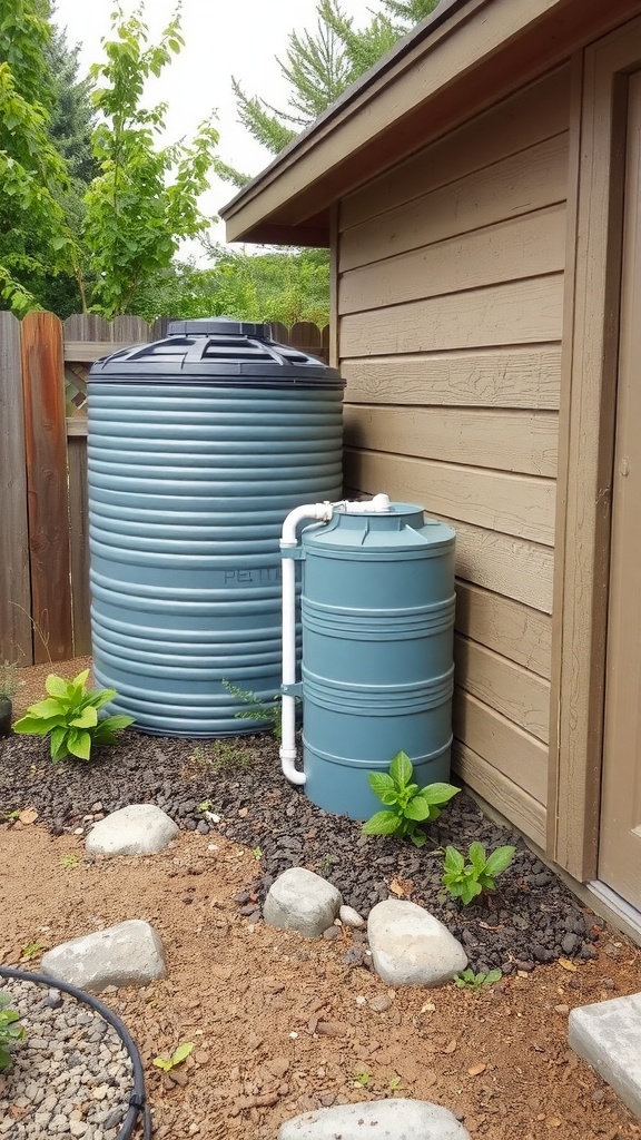 A rainwater collection system next to a wooden shed, featuring a large blue barrel and surrounding plants