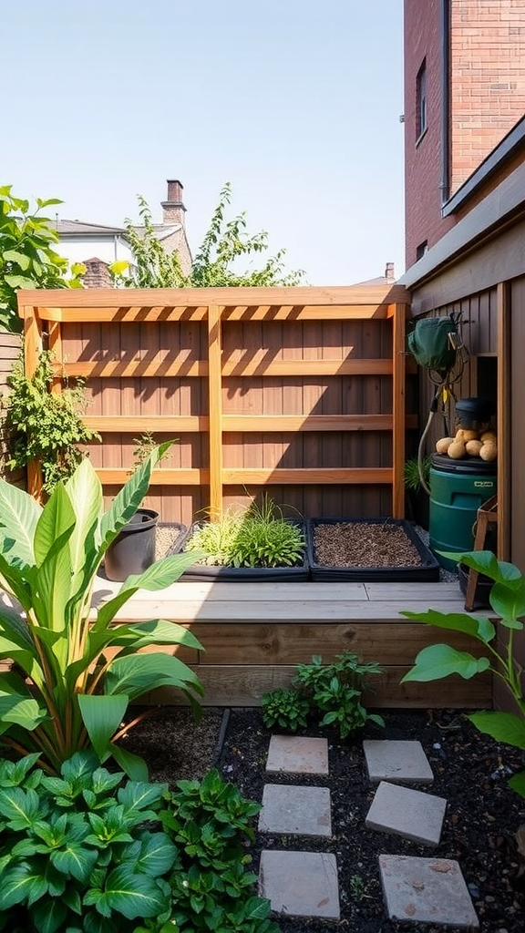 A wooden compost area integrated into a side yard with lush greenery.