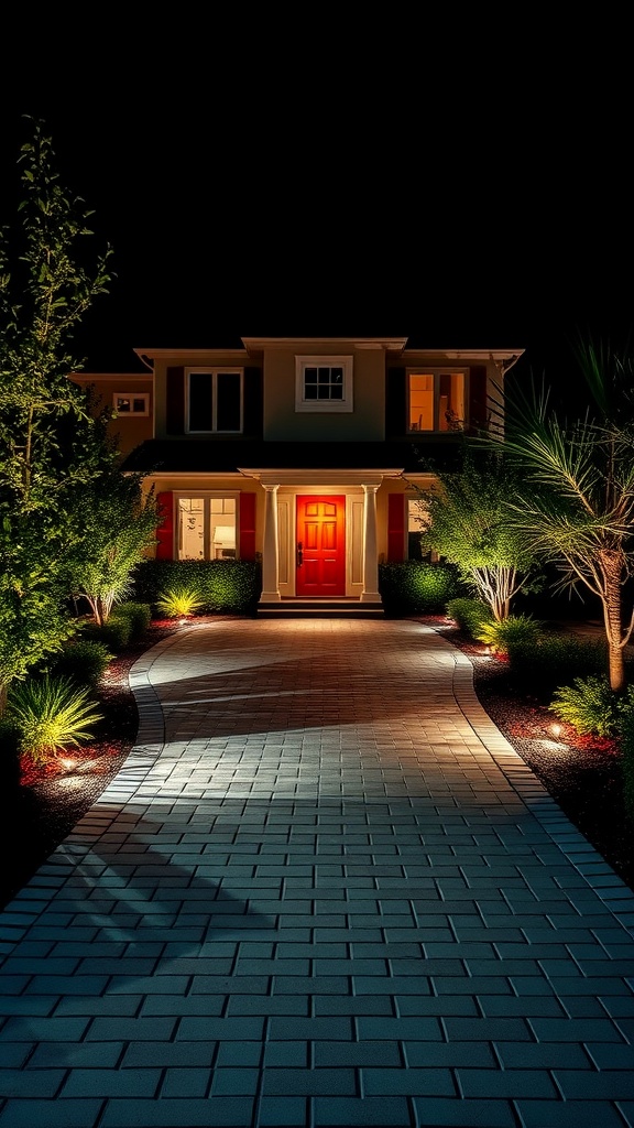 A beautifully lit driveway showcasing integrated lighting leading to a home with a red door.