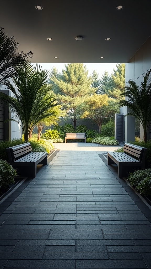 A modern driveway with integrated seating areas surrounded by greenery and soft lighting.