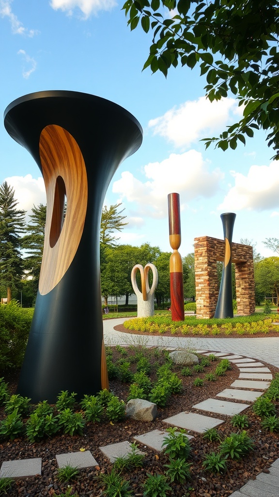 Outdoor art installations featuring various sculptures surrounded by greenery.