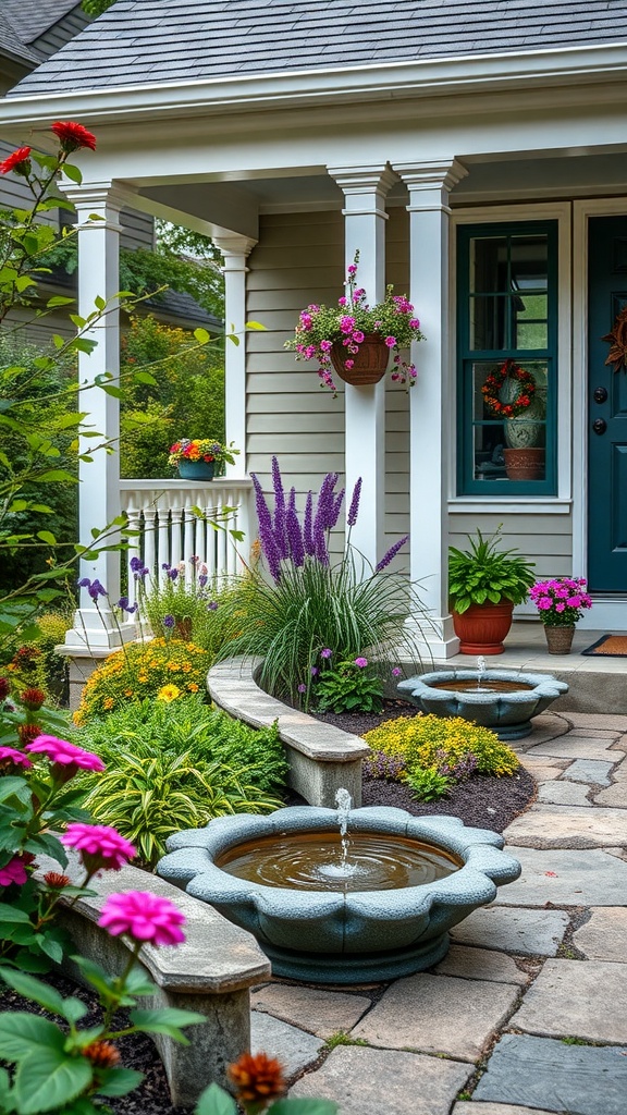 A beautifully landscaped front porch with colorful flowers, hanging planters, and small fountains.