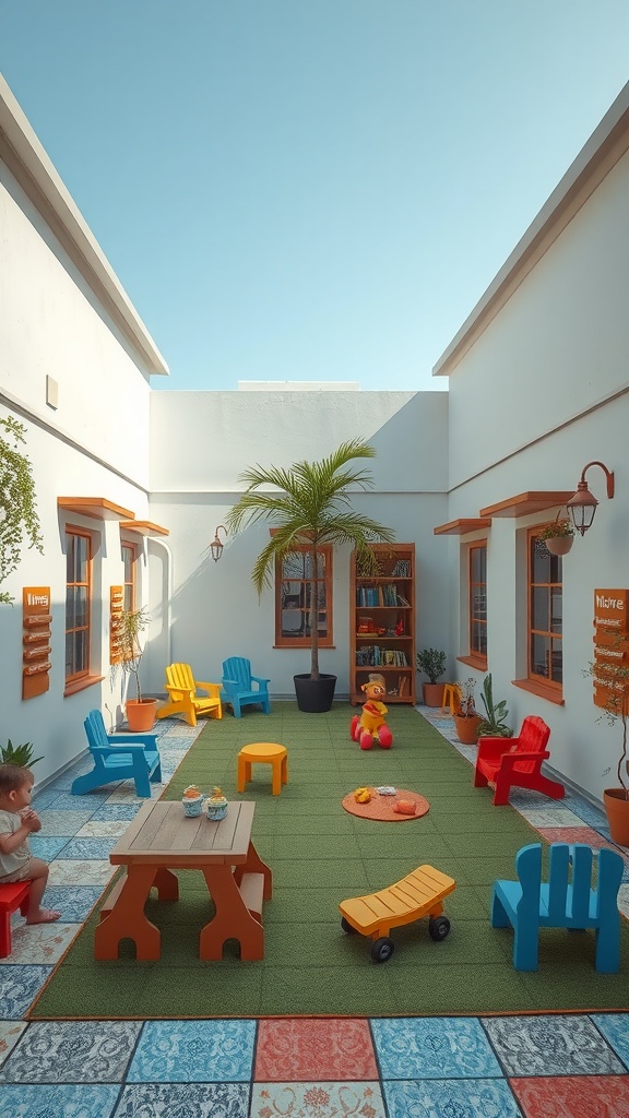 A small courtyard designed as a kids play area with colorful chairs, a green turf, a toy car, and potted plants.