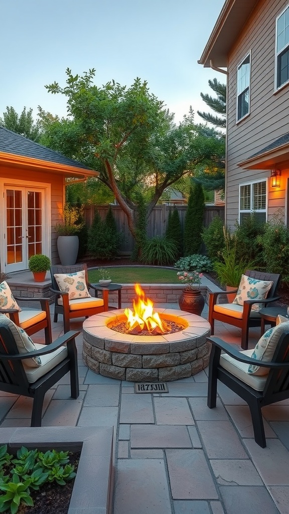 Cozy fire pit setup in a small side yard with chairs and plants.