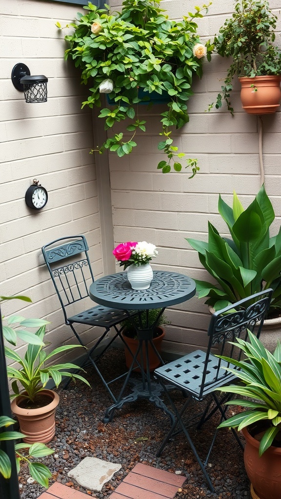 Cozy seating area in a small backyard with plants and a table