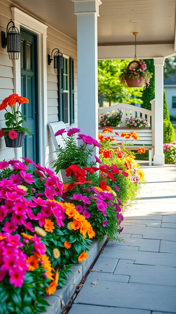 Colorful flower beds on a front porch with a welcoming atmosphere.