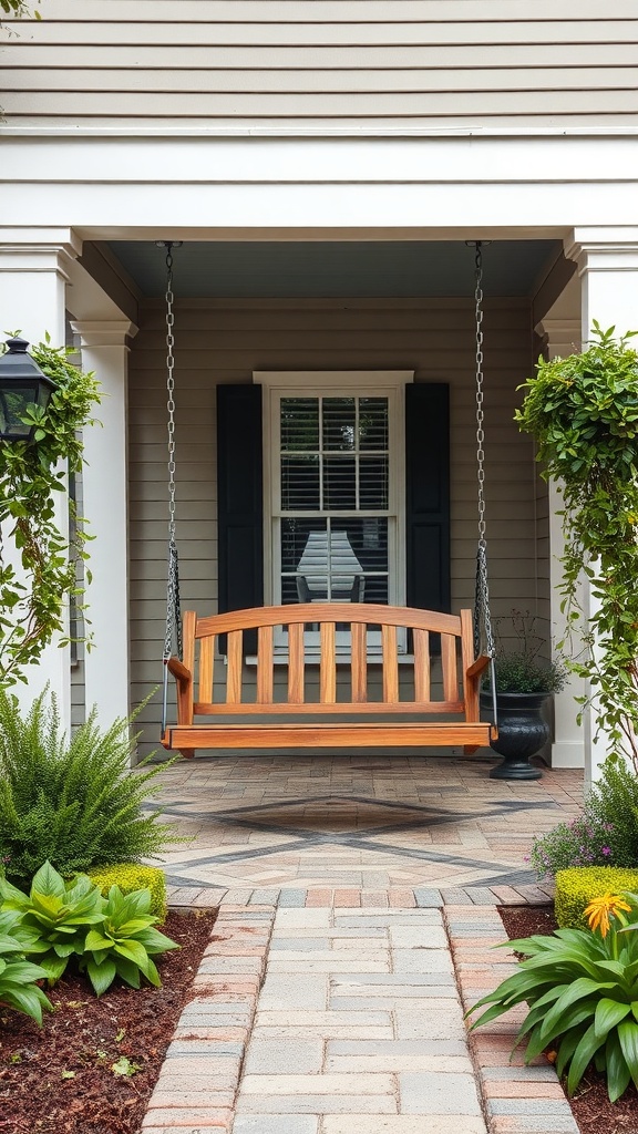 A cozy wooden swing on a front porch surrounded by greenery and a stone pathway.