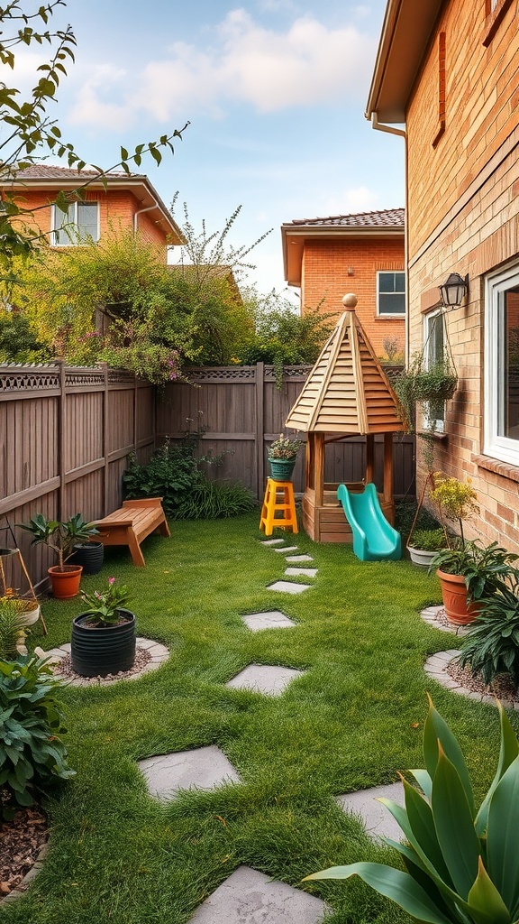 A cozy kids' play area in a side yard with a slide, seating, and green grass.