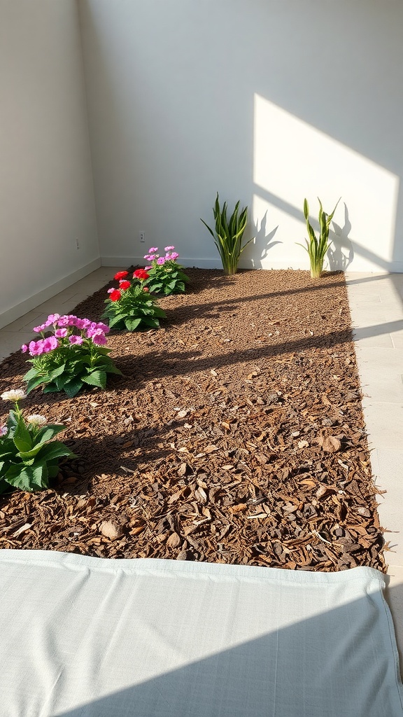 A garden with colorful flowers planted on a bed of mulch, showcasing the use of landscape fabric underneath for weed control.