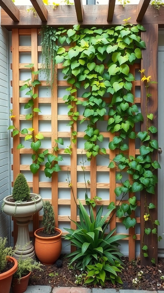 A small courtyard garden featuring a wooden lattice and climbing plants against a brick wall.