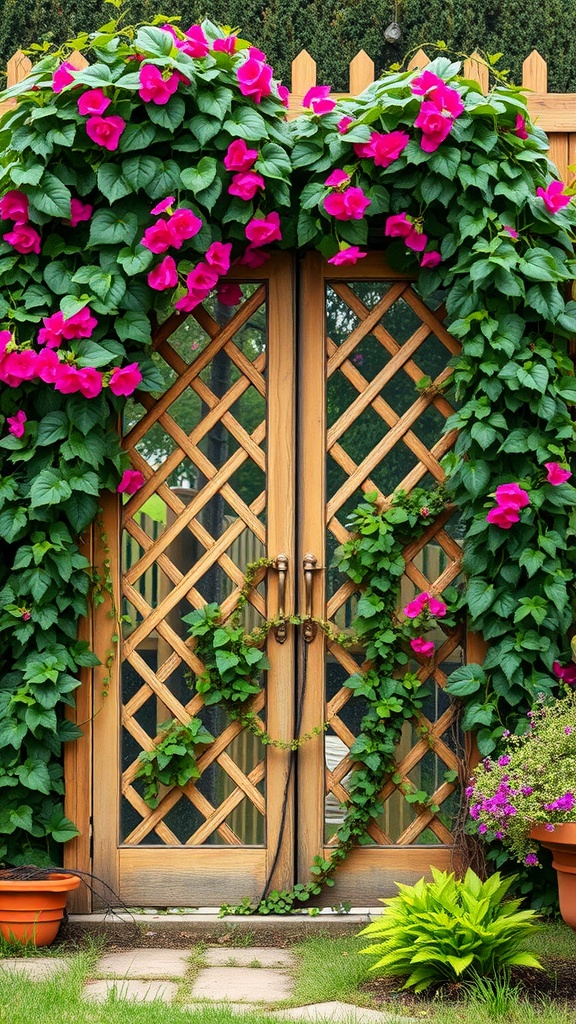 Wooden lattice panels with climbing pink vines and flowers, enhancing backyard privacy