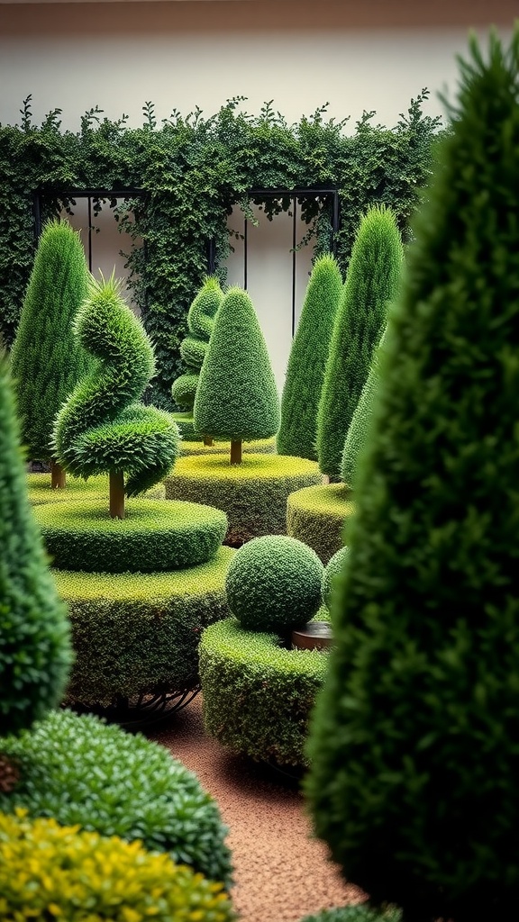 A garden featuring various layered boxwood designs, showcasing different shapes and sizes of greenery.