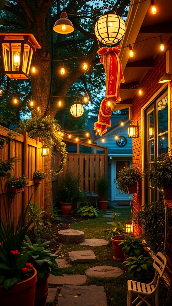 A cozy side yard with string lights and lanterns creating a warm evening atmosphere.