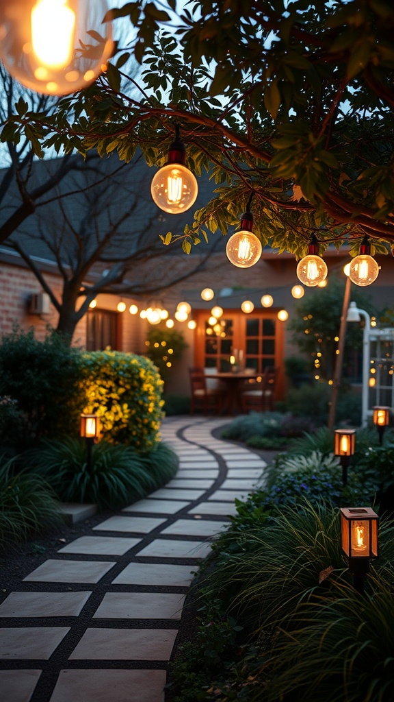 A beautifully lit garden path with hanging string lights and lanterns, creating a cozy outdoor atmosphere.