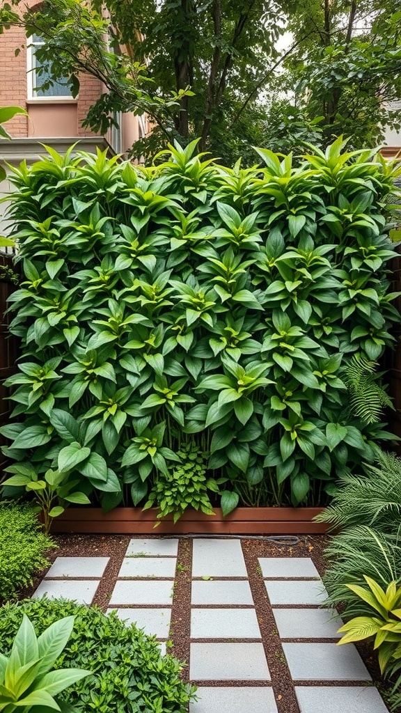 A lush living wall made of dense green leaves and plants, creating privacy in a small urban backyard.