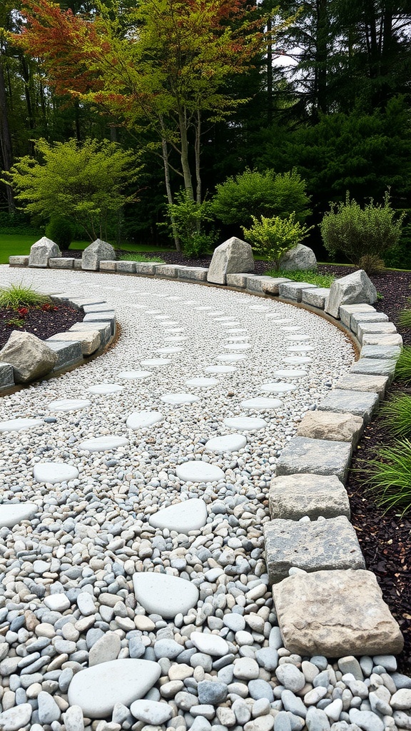 A low-maintenance gravel driveway with smooth stones and decorative plants.