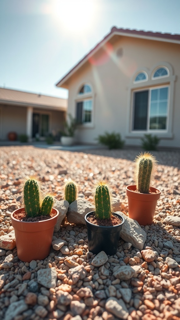 A low-maintenance rock garden with cacti and various rocks under a clear blue sky