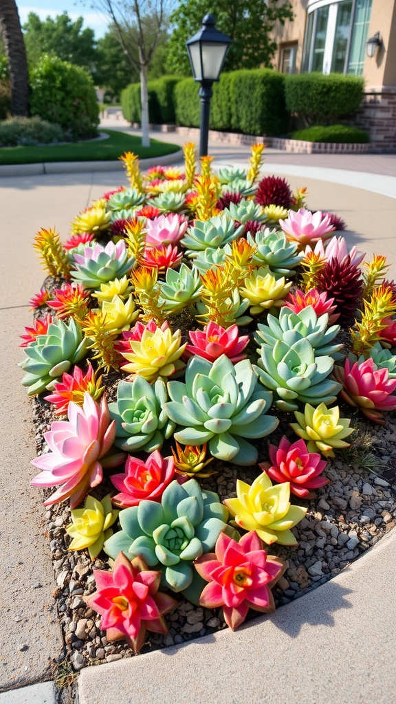 A vibrant succulent garden along the side of a driveway with various colors and shapes.