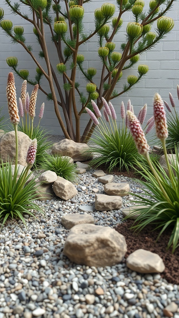 A low maintenance landscape featuring smooth stone pathways, hardy plants, and decorative rocks.