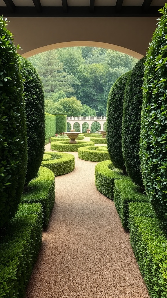 A beautifully landscaped pathway bordered by lush green boxwood hedges.