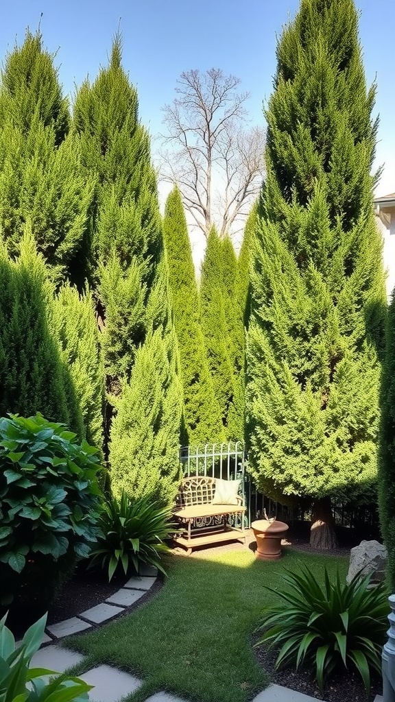 A dense green privacy screen made of tall shrubs and various plants in a landscaped yard.