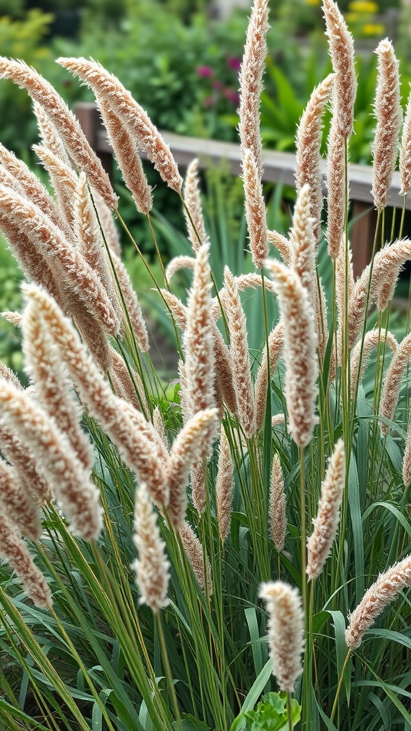 Tall feathery grasses in a lush garden setting