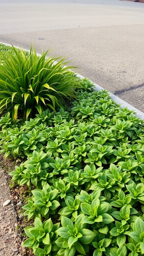 Lush green ground cover plants beside a driveway.