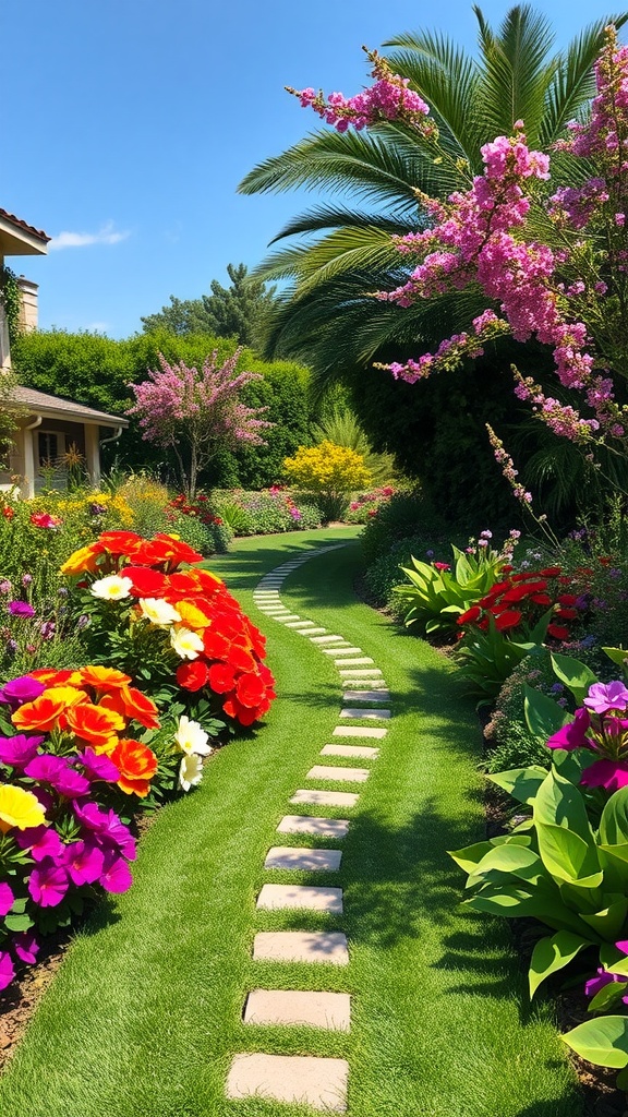 A beautifully landscaped side yard with a curved stone pathway surrounded by colorful flowers.