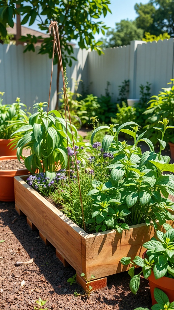 A vibrant outdoor herb garden in a raised wooden bed, showcasing various herbs like mint and oregano under a sunny sky.