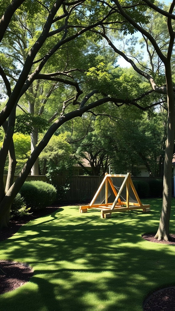 A backyard with mature trees providing privacy, featuring a play structure on green grass.