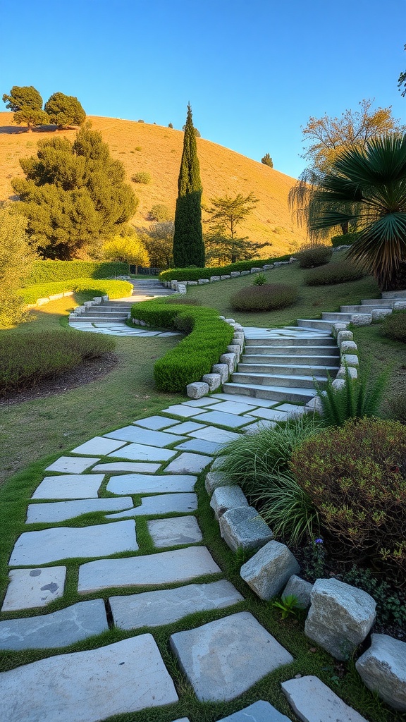 Stone pathway winding through a landscaped hill with greenery and trees