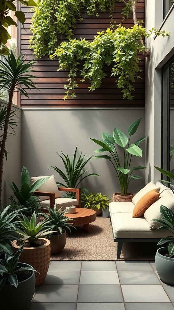 A small courtyard garden with plants, a couch, and a seating area.