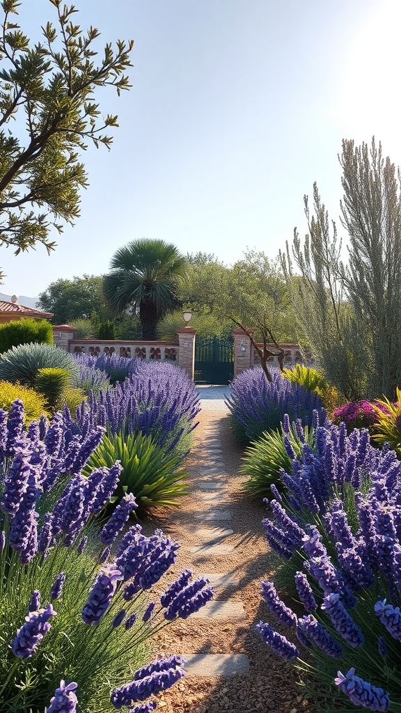 Pathway lined with vibrant lavender plants leading to a green gate