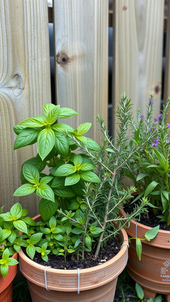 A mini herb garden with basil and rosemary in terracotta pots