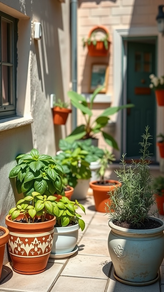 A small courtyard featuring various potted herbs, creating a cozy and inviting garden space.