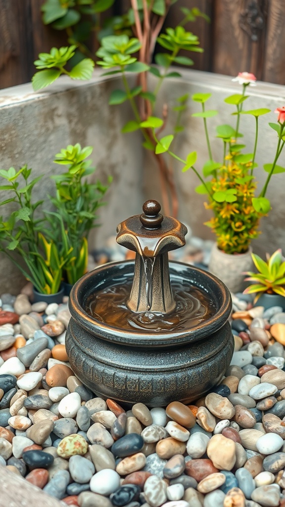 A small fountain surrounded by pebbles and plants in a tiny backyard.