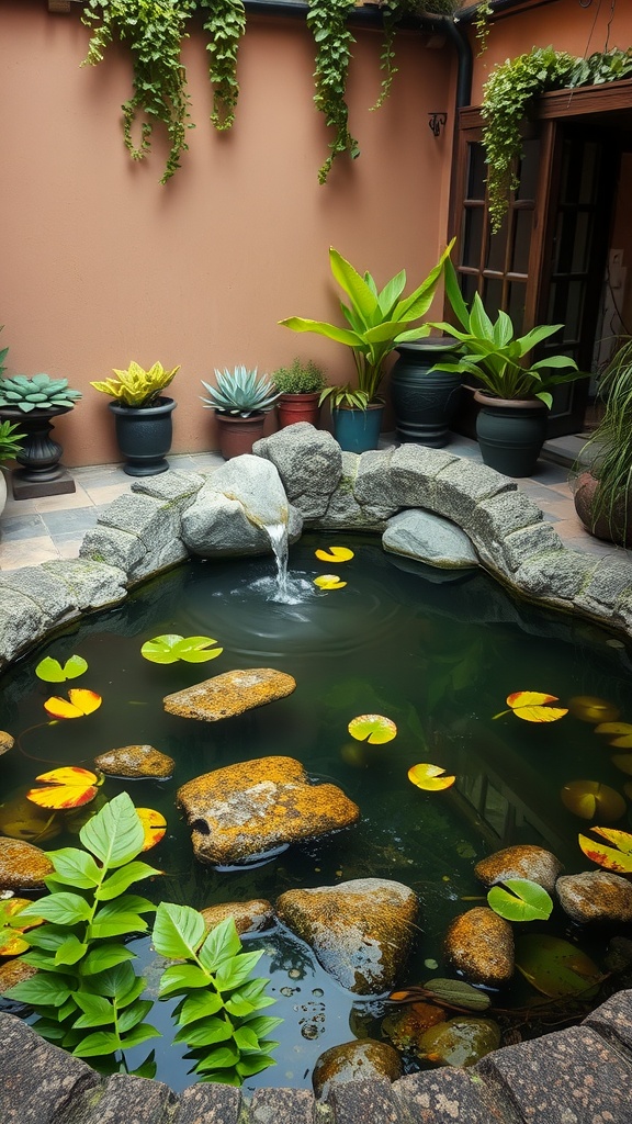 A small pond surrounded by plants in a courtyard with stones and a fountain.