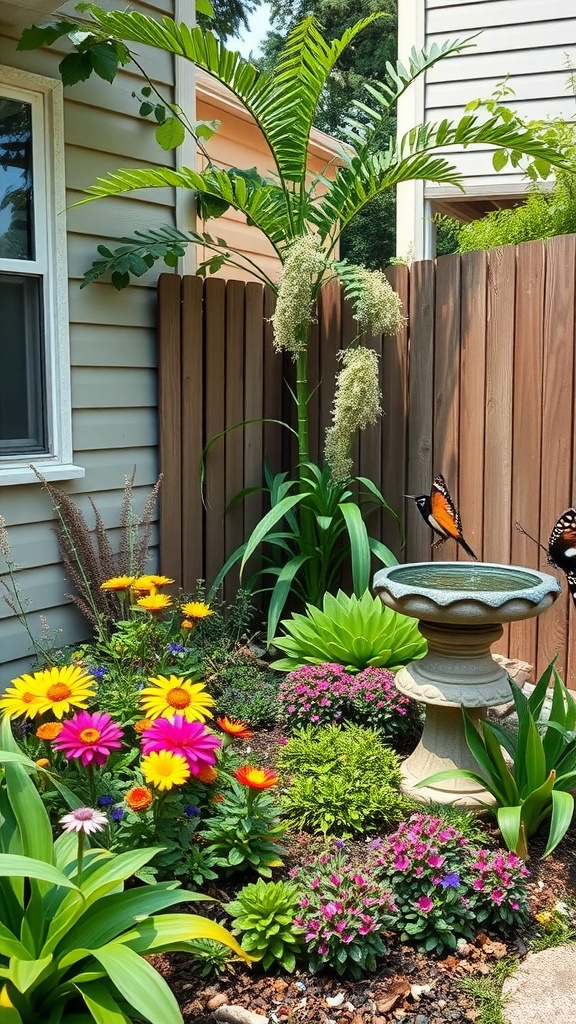 A colorful small side yard with flowers, a birdbath, and a butterfly decoration