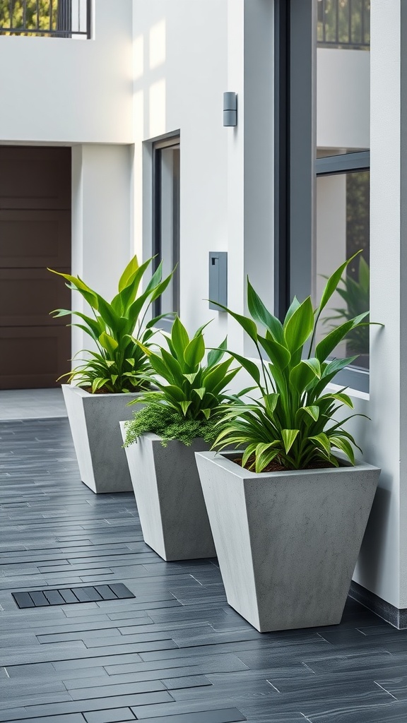 Modern concrete planters with green plants arranged in a sleek outdoor setting.