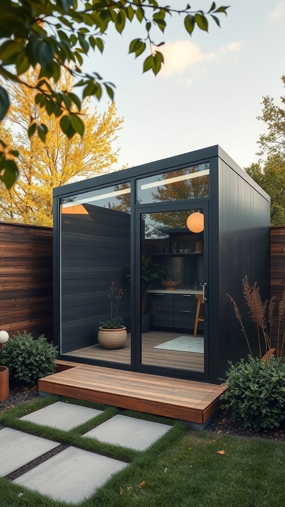 Modern minimalist garden shed with a white exterior and glass door surrounded by greenery