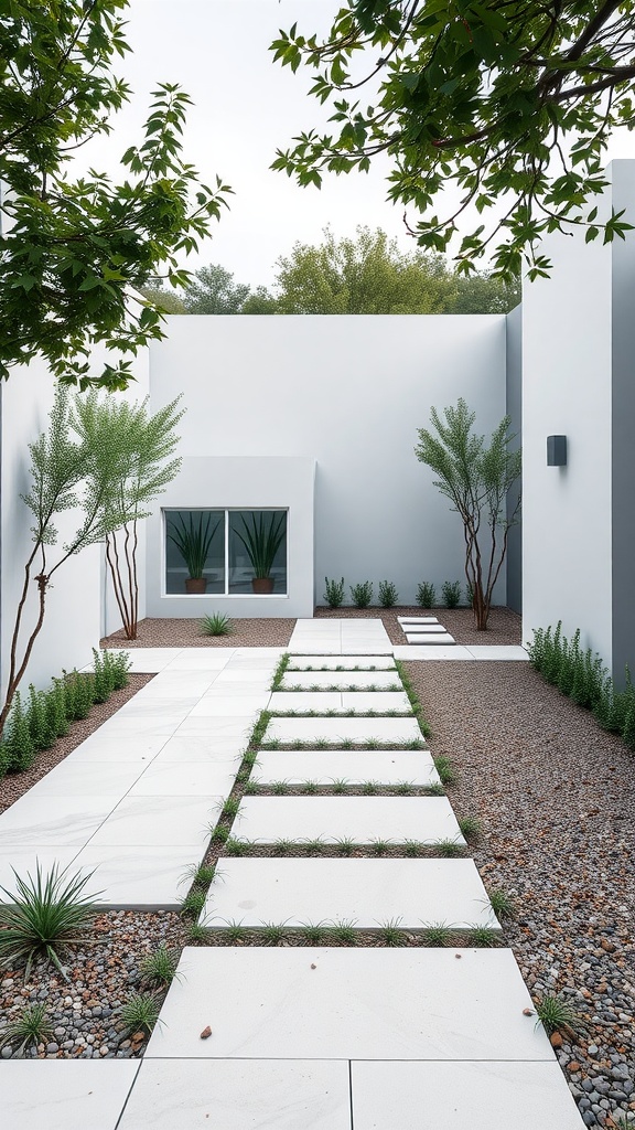 Modern minimalist yard featuring white walls, a stone pathway, and simple greenery.