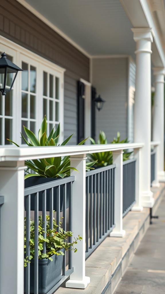 Modern front porch with stylish railings and planters