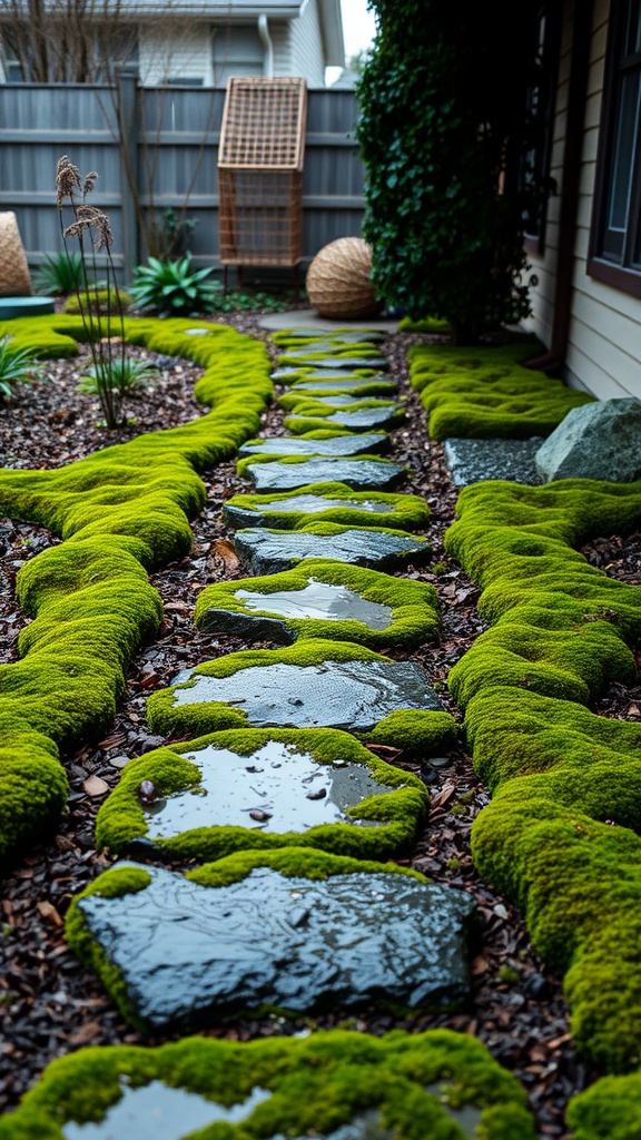 A mossy stone pathway winding through greenery