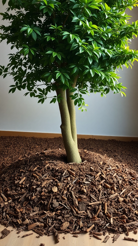 A tree surrounded by a thick layer of mulch, showing a neat garden appearance.