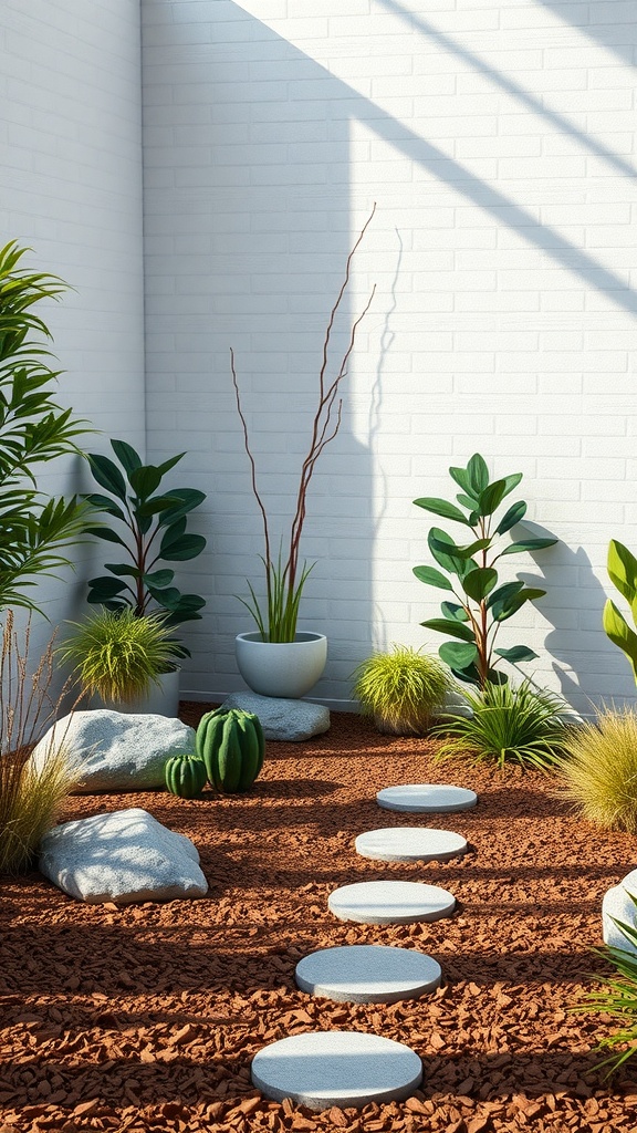 A landscaped area with mulch, plants, and stepping stones against a white wall.