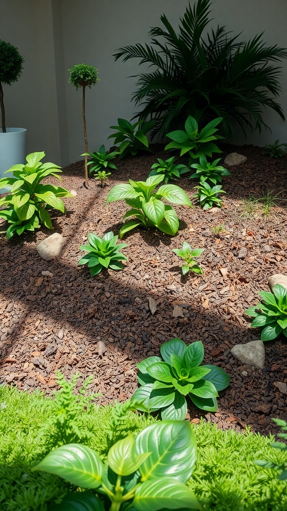 A landscaped area with plants surrounded by mulch, showcasing a method for erosion control.