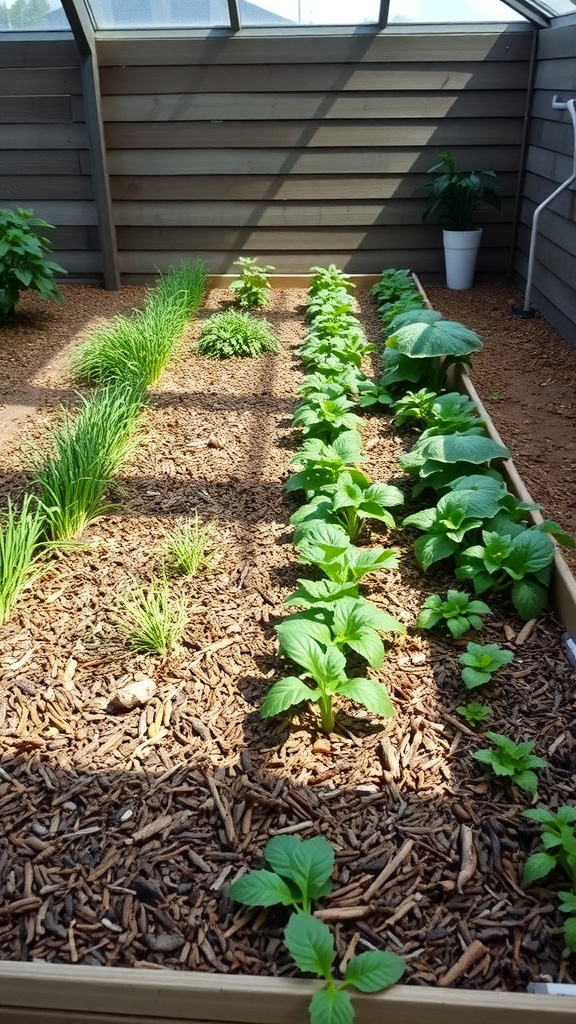 A raised garden bed with various green plants and brown mulch in sunlight.